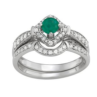 HDI 14k White Gold 1/2 Carat T.W. Diamond & Gemstone Halo Engagement Ring Set