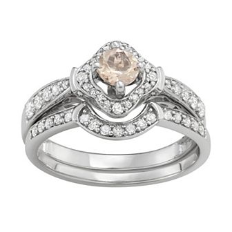 HDI 14k White Gold 1/2 Carat T.W. Diamond & Gemstone Halo Engagement Ring Set