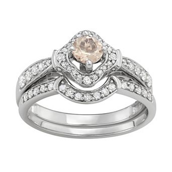 HDI 14k White Gold 1/2 Carat T.W. Diamond & Gemstone Halo Engagement Ring Set