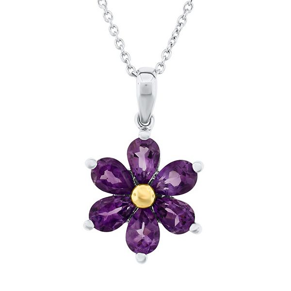 Two Tone Sterling Silver Amethyst Flower Pendant Necklace