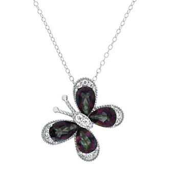 Sterling Silver Multicolored Quartz & White Topaz Butterfly Pendant Necklace