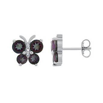 Sterling Silver Multicolored Quartz & White Topaz Butterfly Stud Earrings