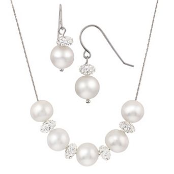 PearLustre by Imperial Freshwater Cultured Pearl & Crystal Bead Sterling Silver Necklace & Earring Set