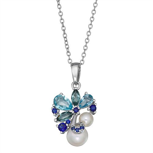 Freshwater Cultured Pearl, Blue Topaz & Lab Created Sapphire Cluster ...