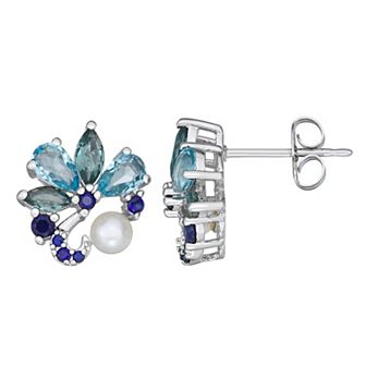 Classic Treasures Sterling Silver Freshwater Cultured pearl Blue Topas & Lab Created Sapphire Cluster Earrings