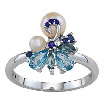 Classic Treasures Sterling Silver Freshwater Cultured Pearl Blue Topaz & Lab-Created Sapphire Cluster Ring