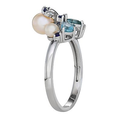 Sterling Silver Freshwater Cultured Pearl Blue Topaz & Lab-Created Sapphire Cluster Ring
