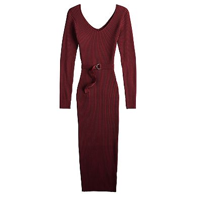 Juniors' Almost Famous Long sleeved Double V Necked Midi Dress with D-ring Belt