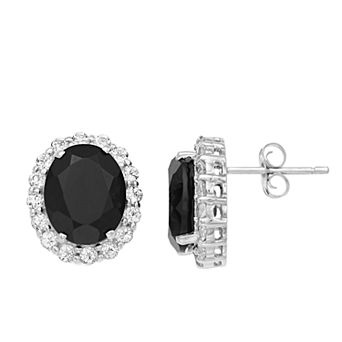 Gemminded Sterling Silver Onyx & White Topaz Oval Halo Stud Earrings