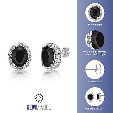 Gemminded Sterling Silver Onyx & White Topaz Oval Halo Stud Earrings