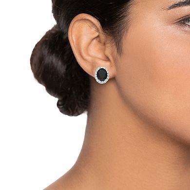 Gemminded Sterling Silver Onyx & White Topaz Oval Halo Stud Earrings