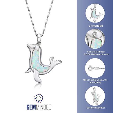 Gemminded Sterling Silver Lab-Created Opal & Diamond Accent Sea Lion Pendant