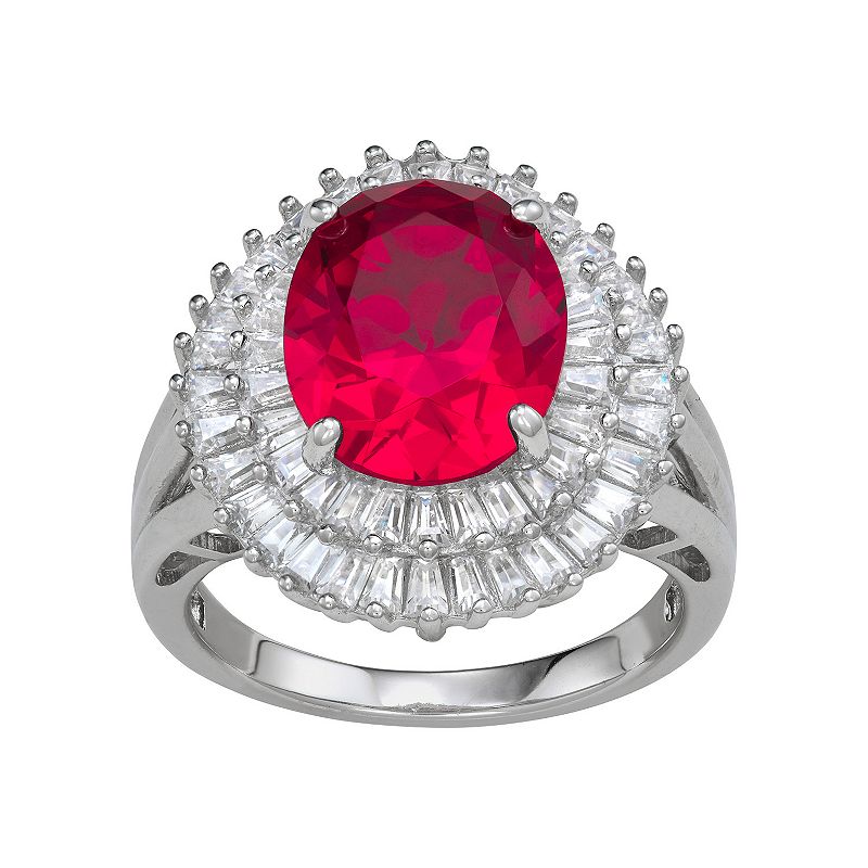 Sterling Silver Simulated Gemstone Oval Halo Ring, Womens, Size: 6, Red