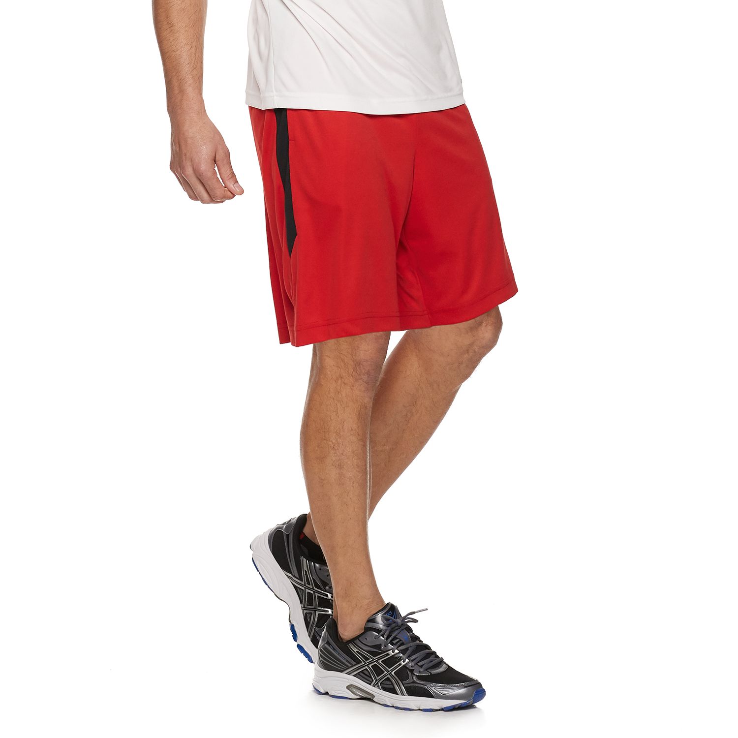 mens red running shorts with white trim