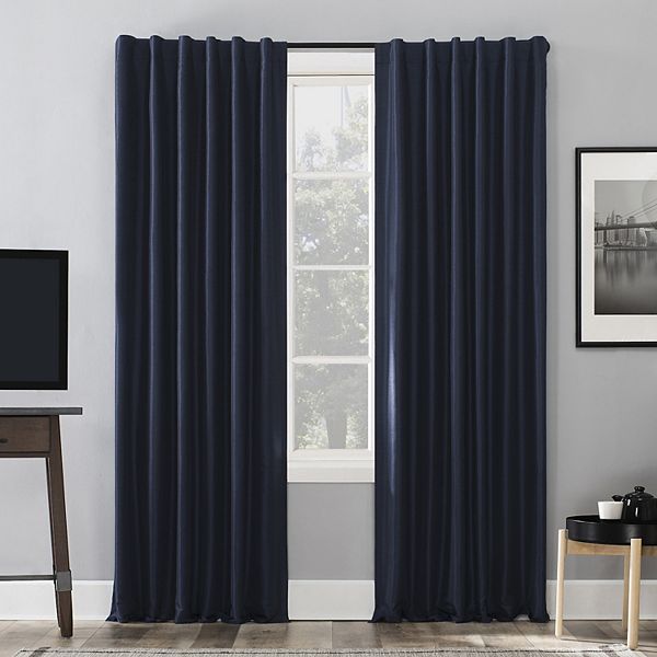 Sun Zero Evelina 100% Blackout Faux Dupioni Silk Back Tab Window Curtain - Navy Blue (50X108)