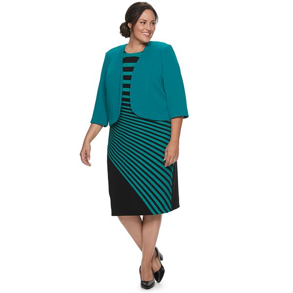 Plus Size Maya Brooke Jacket & Asymmetrical Stripe Dress Set