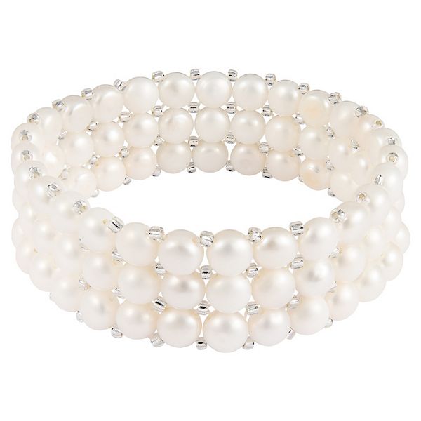 Fashion 3 rangées 8-9 mm Naturel Blanc Freshwater Cultured Pearl Stretch Bracelet 