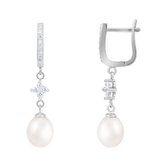 Splendid Pearls Sterling Silver Freshwater Pearl & Cubic Zirconia Dangle Earrings
