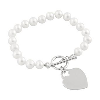 Splendid Pearls Freshwater Pearl & Sterling Silver Heart Charm Bracelet