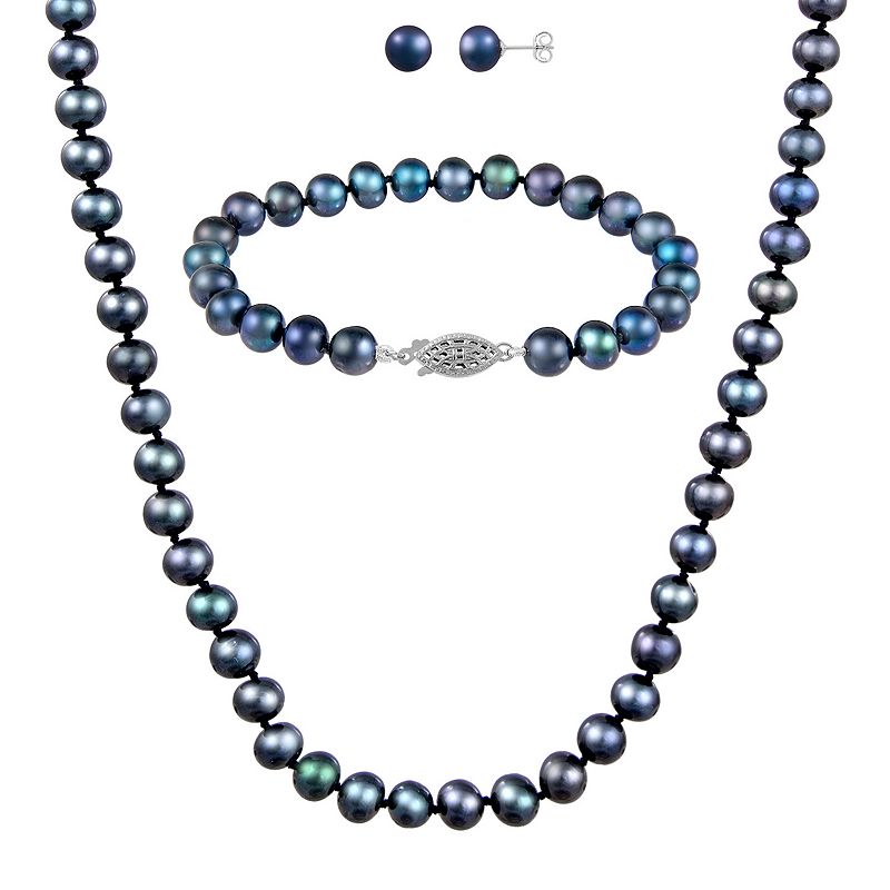 Black Freshwater Pearl 3-Piece Set, Womens, Size: 18