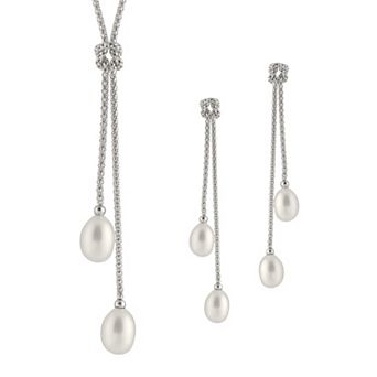 Splendid Pearls Sterling Silver 2 pc Freshwater Cultured Pearl Necklace & Dangle Earring Set