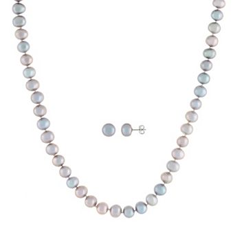 Splendid Pearls Sterling Silver 2 pc Dyed Gray Freshwater Cultured Pearl Necklace & Earring Set