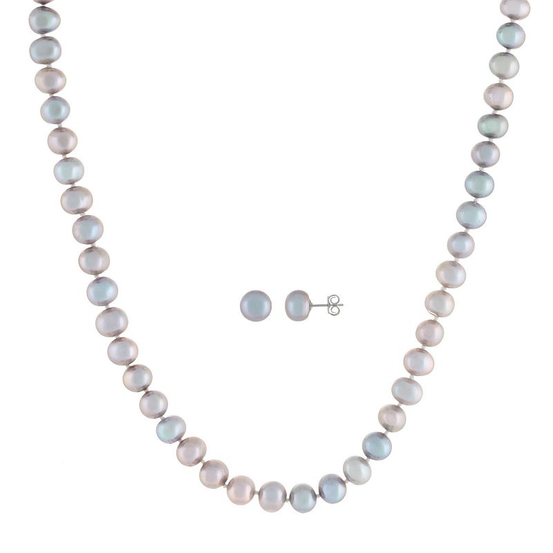 Sterling Silver 2-Piece Dyed Gray Freshwater Cultured Pearl Necklace & Ear