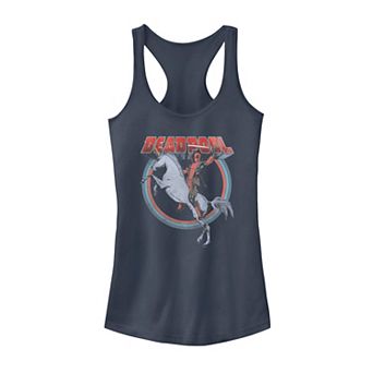 Juniors' Marvel Deadpool On A Unicorn Circle Portrait Logo Tank Top