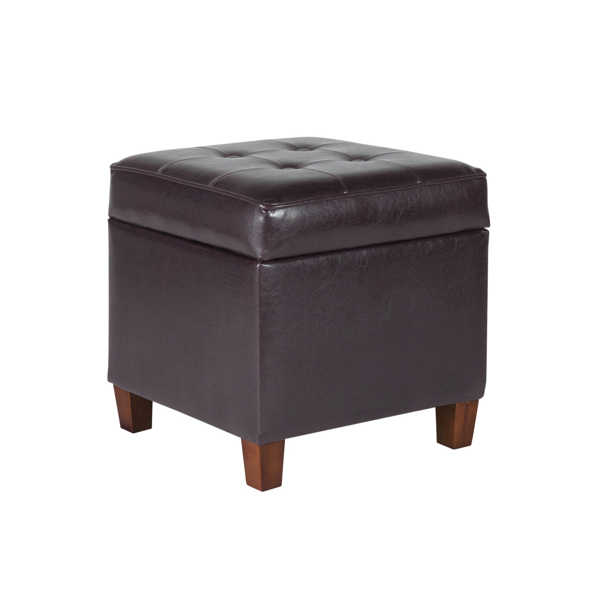 HomePop Square Tufted Storage Ottoman, Dk Brown Faux Leather