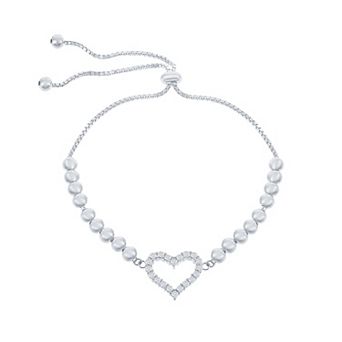 Argento Bella Sterling Silver Cubic Zirconia Heart Beaded Lariat Bracelet