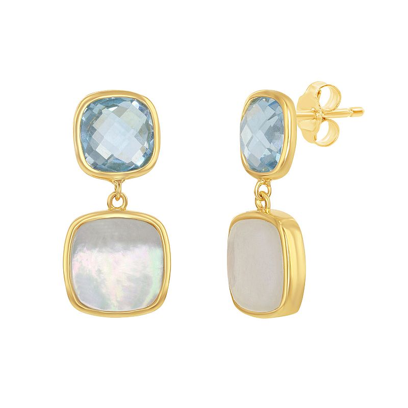Sterling Silver 14K Gold Plated Blue Topaz Mop Earrings, Womens, Size: 5-