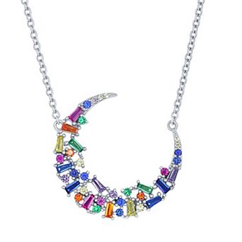 Argento Bella Sterling Silver Rainbow Baguette CZ Moon Necklace