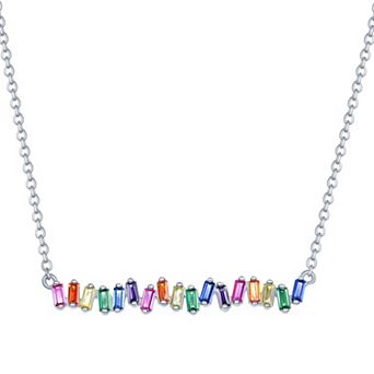 Argento Bella Sterling Silver Rainbow Baguette CZ Bar Necklace