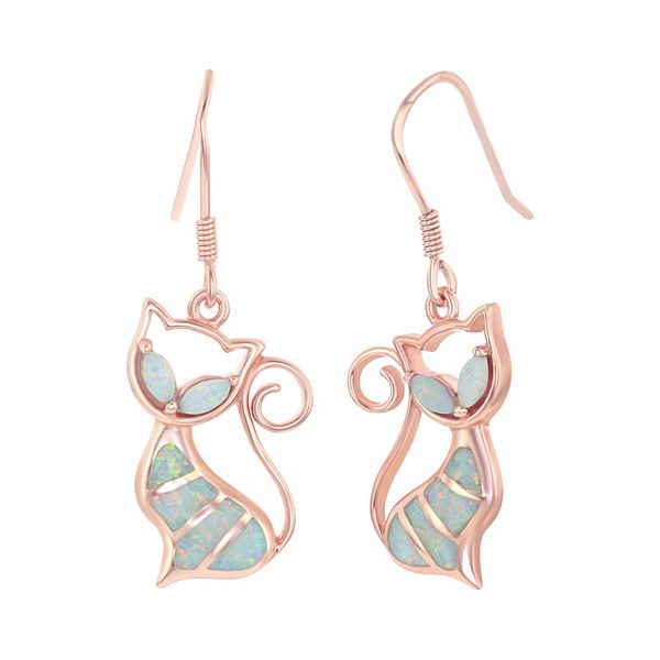 14k Rose Gold Over Silver Lab-Created Opal Cat Drop Earrings