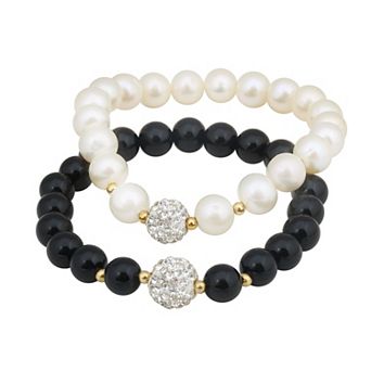 2-Pair Freshwater Cultured Pearl & Black Onyx Stretch Bracelet Set