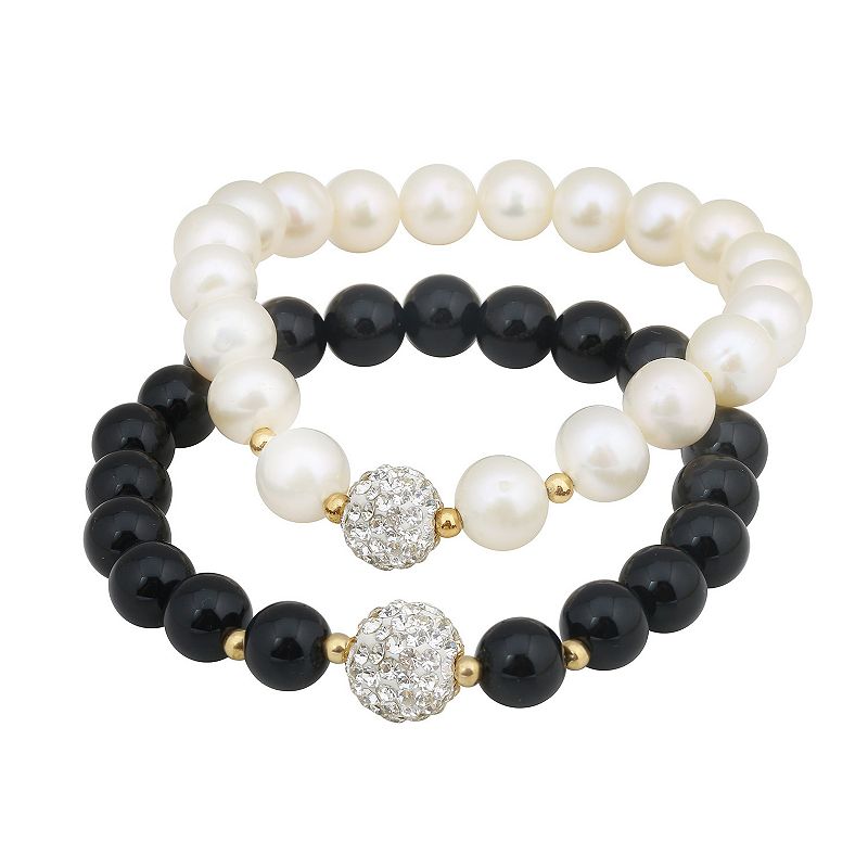 2-Pair Freshwater Cultured Pearl & Black Onyx Stretch Bracelet Set, Women