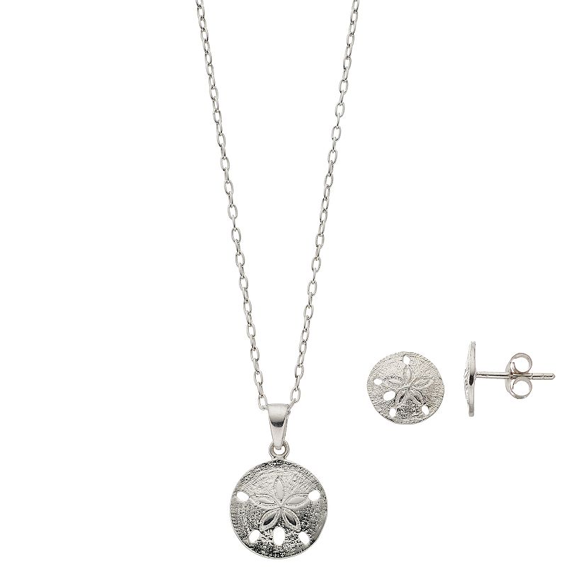 Sterling Silver Sand Dollar Pendant & Button Stud Earring Set, Womens, Si