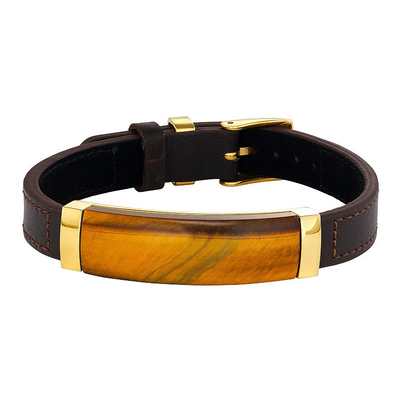 Mens Stainless Steel Tigers Eye Genuine Brown Leather Bracelet, Size: 8.