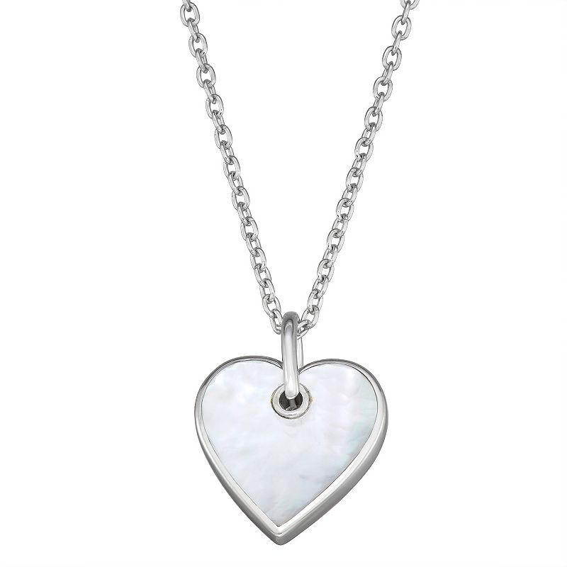 Sterling Silver Pink & White Mother Of Pearl Reversible Heart Pendant Neck