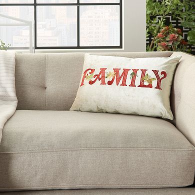 Mina Victory Embroidered "Family" Beige Christmas Throw Pillow