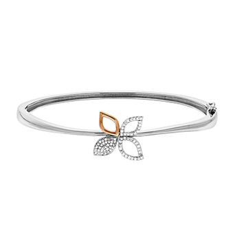 LeRose by Lexi and Rose Two Tone Sterling Silver 1/4 Carat T.W. Diamond Flower Bangle Bracelet