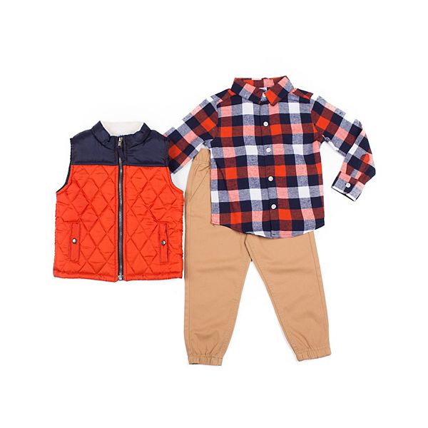Toddler Outfits Baby Boy 3pcs Clothing Set Long Sleeve Tops and Tracksuit Hooded Puffer Vest