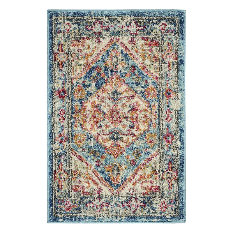 Nourison Passion Ivory/Light Blue 4  x Round Area Rug  Vintage  Boho  Bed Room  Living Room  Dining Room  Kitchen    Easy Cleaning  Non Shedding (4  Round)