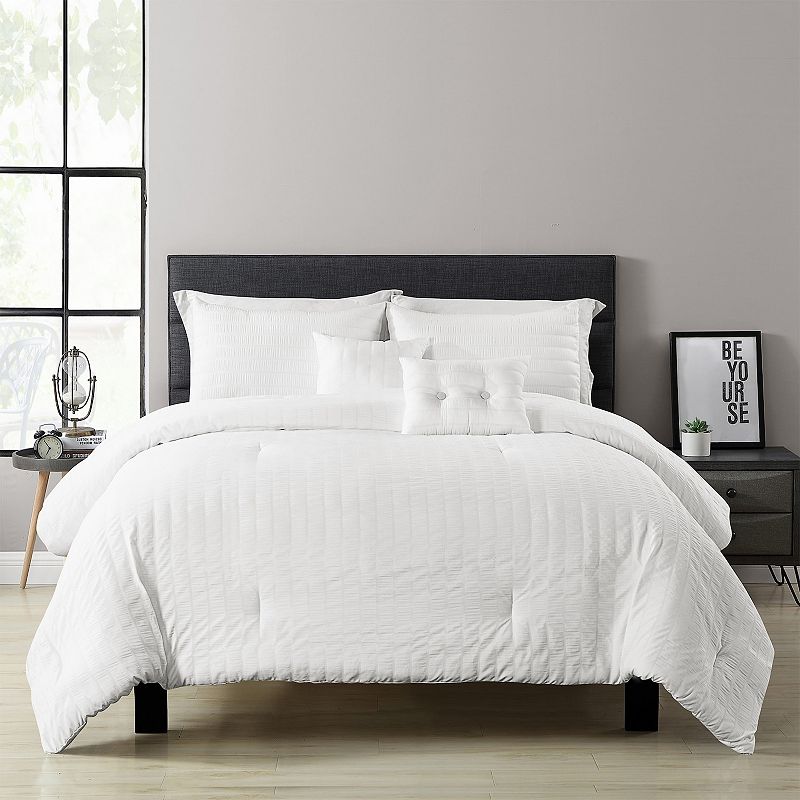 Lush Decor Farmhouse Seersucker Stripe Reversible Comforter  King  White  5-Pc Set