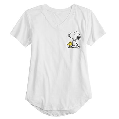 Juniors' Peanuts Snoopy & Woodstock High-Low V-Neck Graphic Tee