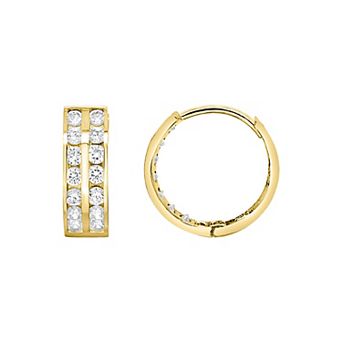 14k Gold Double Row Cubic Zirconia Huggie Hoop Earrings