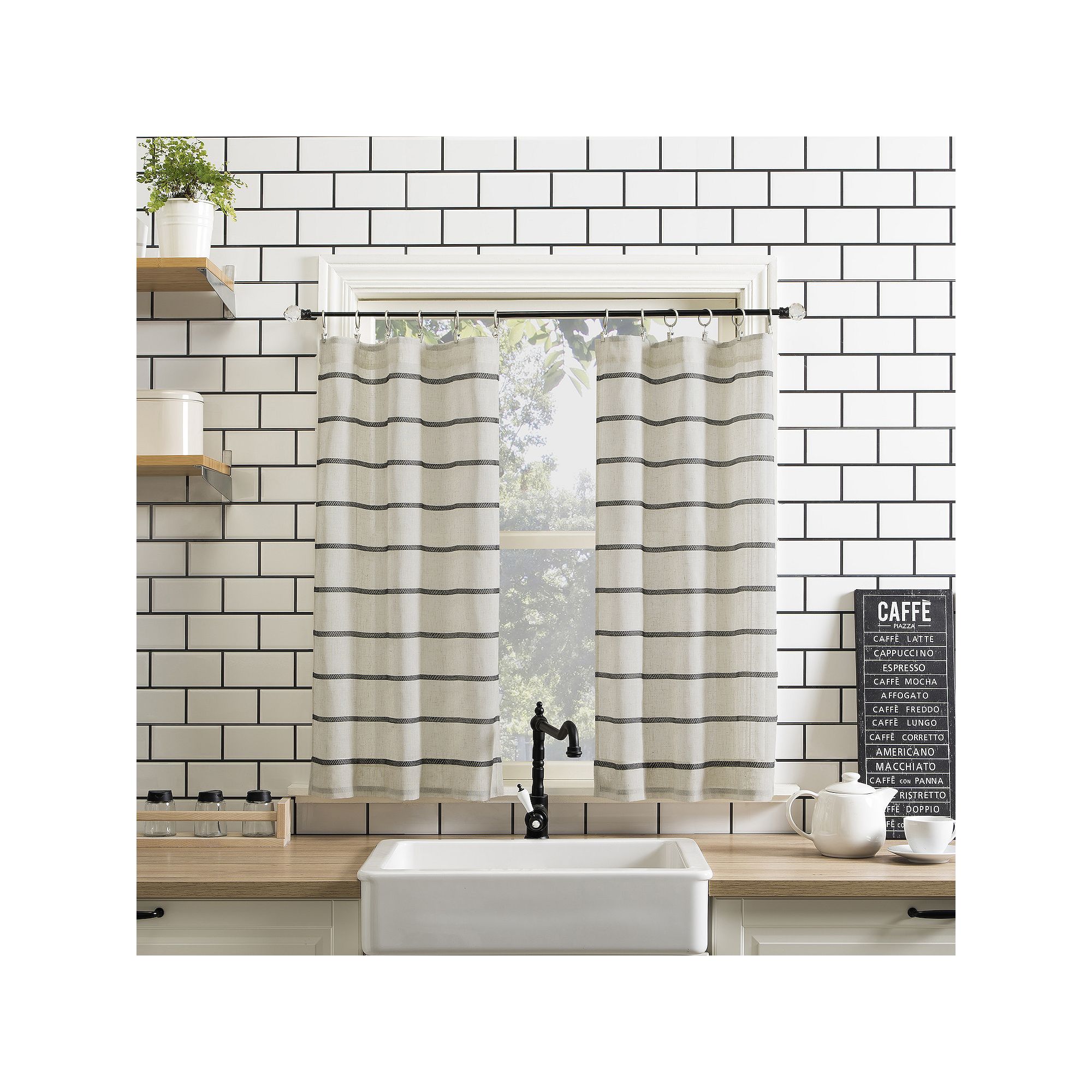 Clean Window Twill Stripe Anti-Dust Semi-Sheer Kitchen Curtain Tier Pair, B