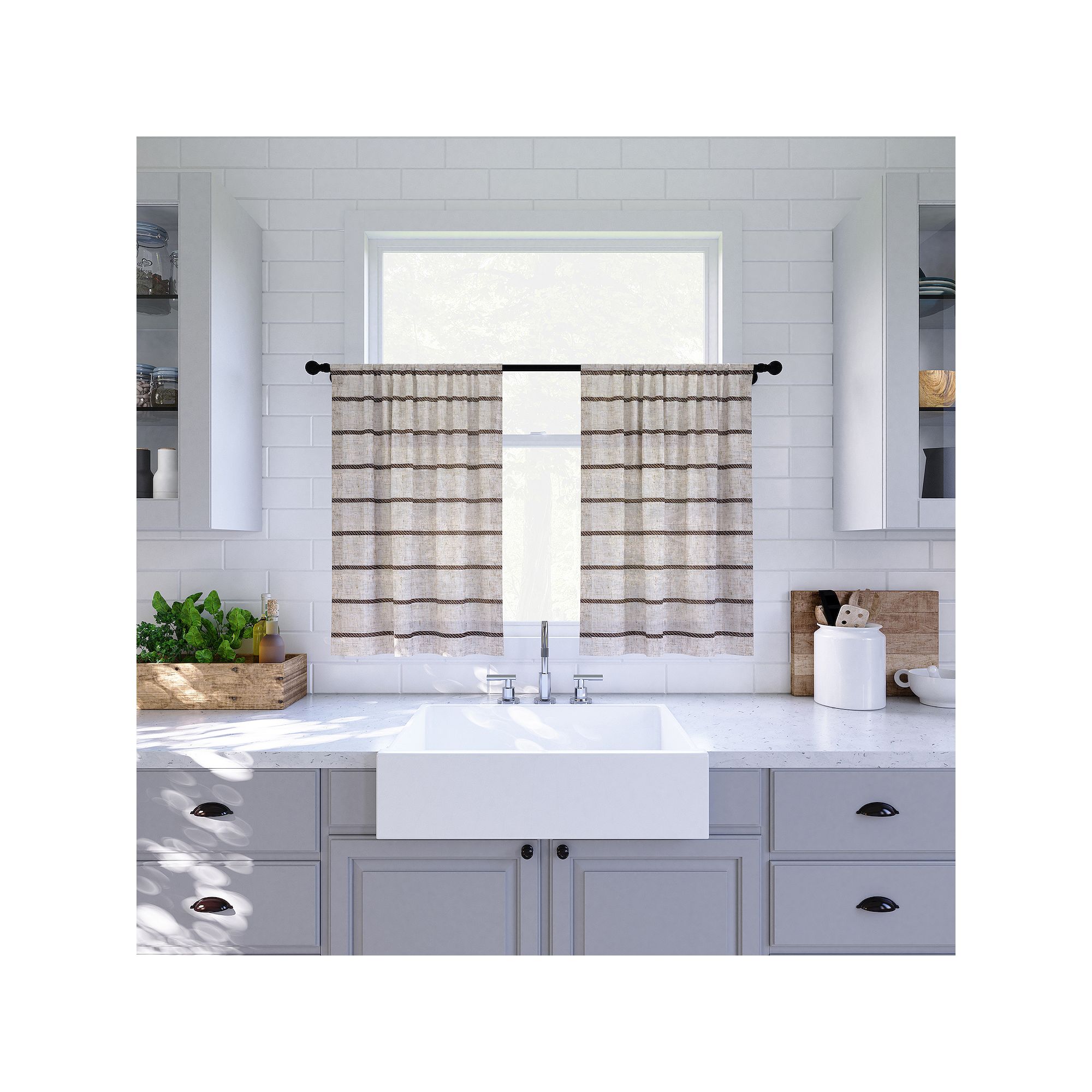 Clean Window Twill Stripe Anti-Dust Semi-Sheer Kitchen Curtain Tier Pair, B