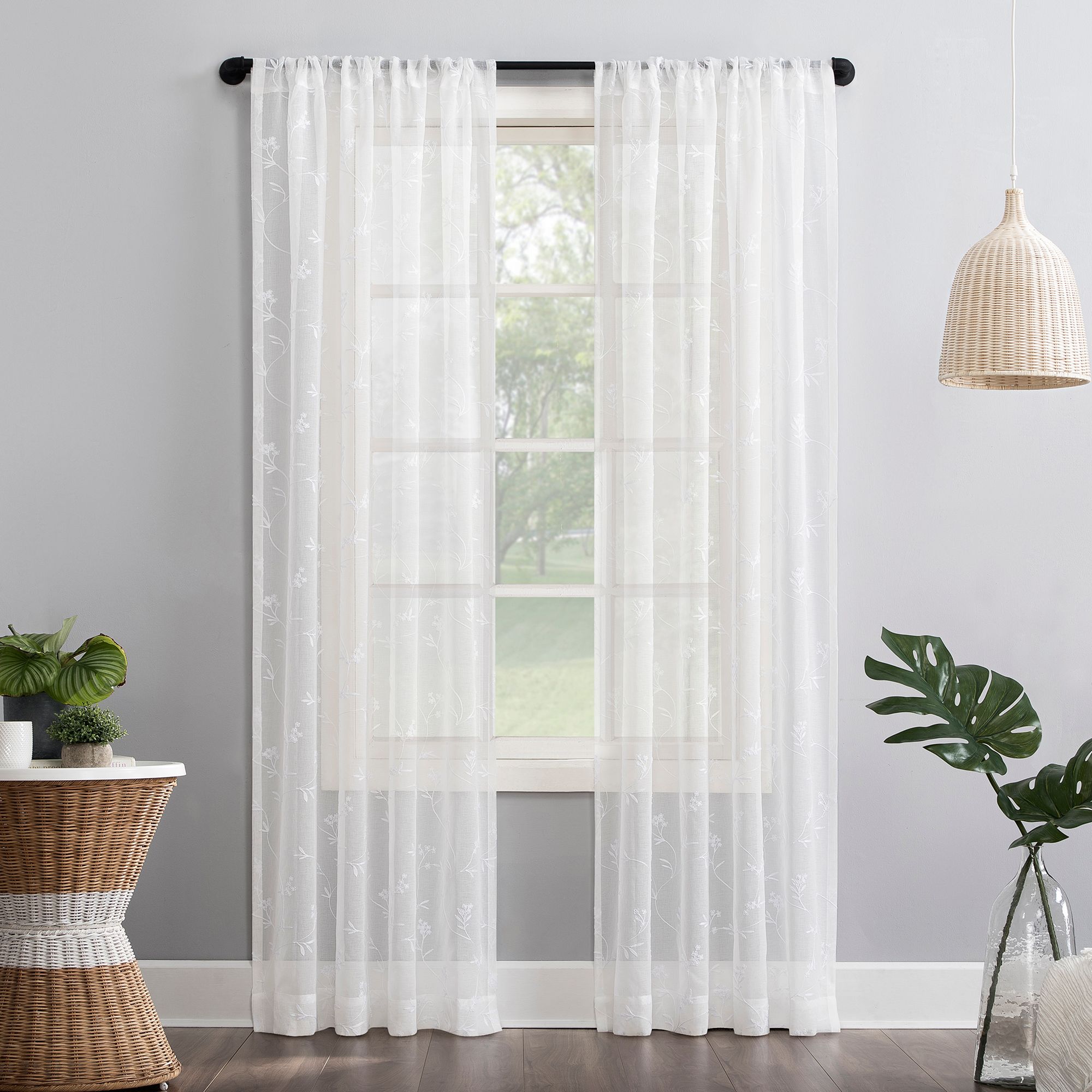 No. 918 Delia Embroidered Floral Sheer Rod Pocket Window Curtain, Ivory