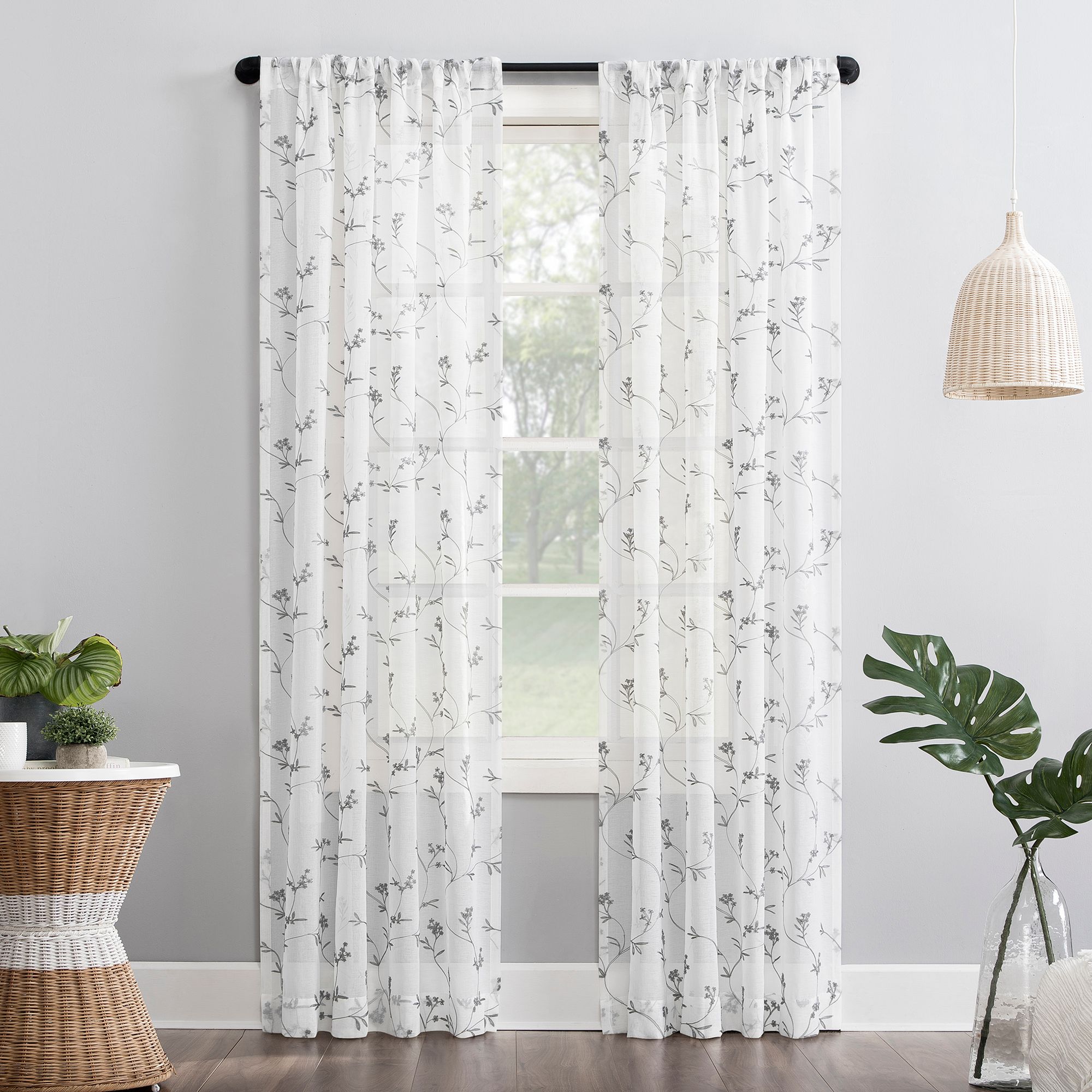 No. 918 Delia Embroidered Floral Sheer Rod Pocket Window Curtain, White